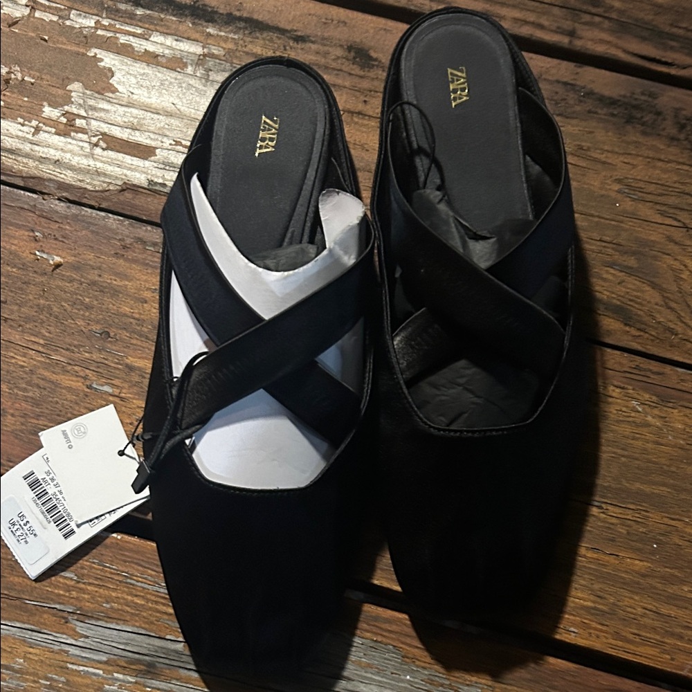 Zara Black Cross-Strap Slip-On Mules